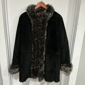 LNR Penny Lane Style Real Suede Leather, Faux Fur Coat, Black, XL, EUC